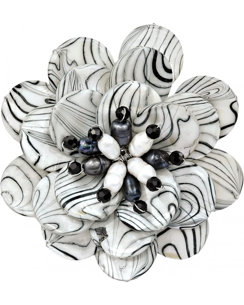 Wild Jungle Zebra Print Painted Shell and Crystal Bead Floral Brooch Pin | Mother of Pearl and Pearls Brooch or Pin | Vintage...