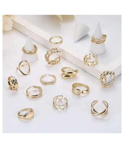 16PCS Gold Dome Chunky Rings for Women 18K Gold Plated Croissant Braided Twisted Stacking Round Signet Adjustable Open Rings ...