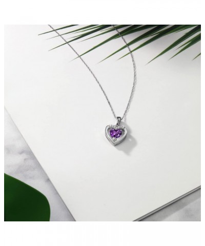 10K White Gold Purple Amethyst and White Diamond Pendant Necklace For Women (0.70 Cttw, Gemstone February Birthstone, Heart S...