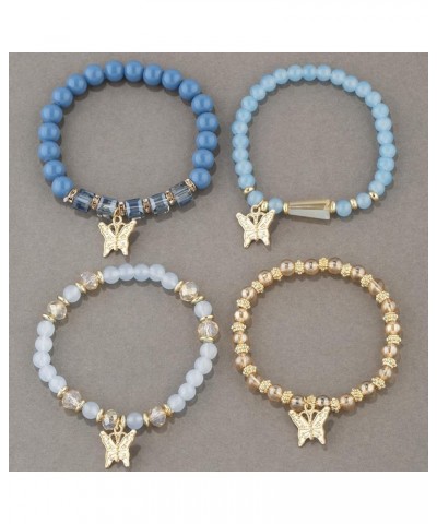 4Pcs Dainty Butterfly Charm Bracelet Bohemian Gold Beaded Stackable Stretch Bracelet Set Elastic Multilayer Colorful Charm Br...