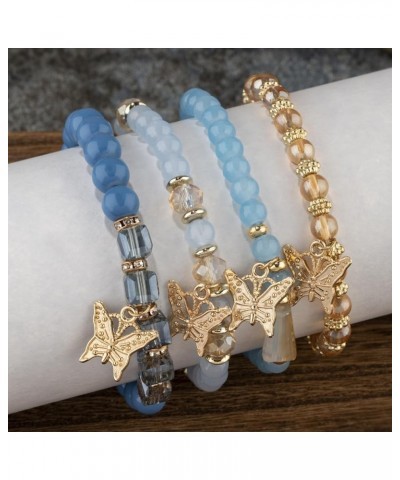 4Pcs Dainty Butterfly Charm Bracelet Bohemian Gold Beaded Stackable Stretch Bracelet Set Elastic Multilayer Colorful Charm Br...