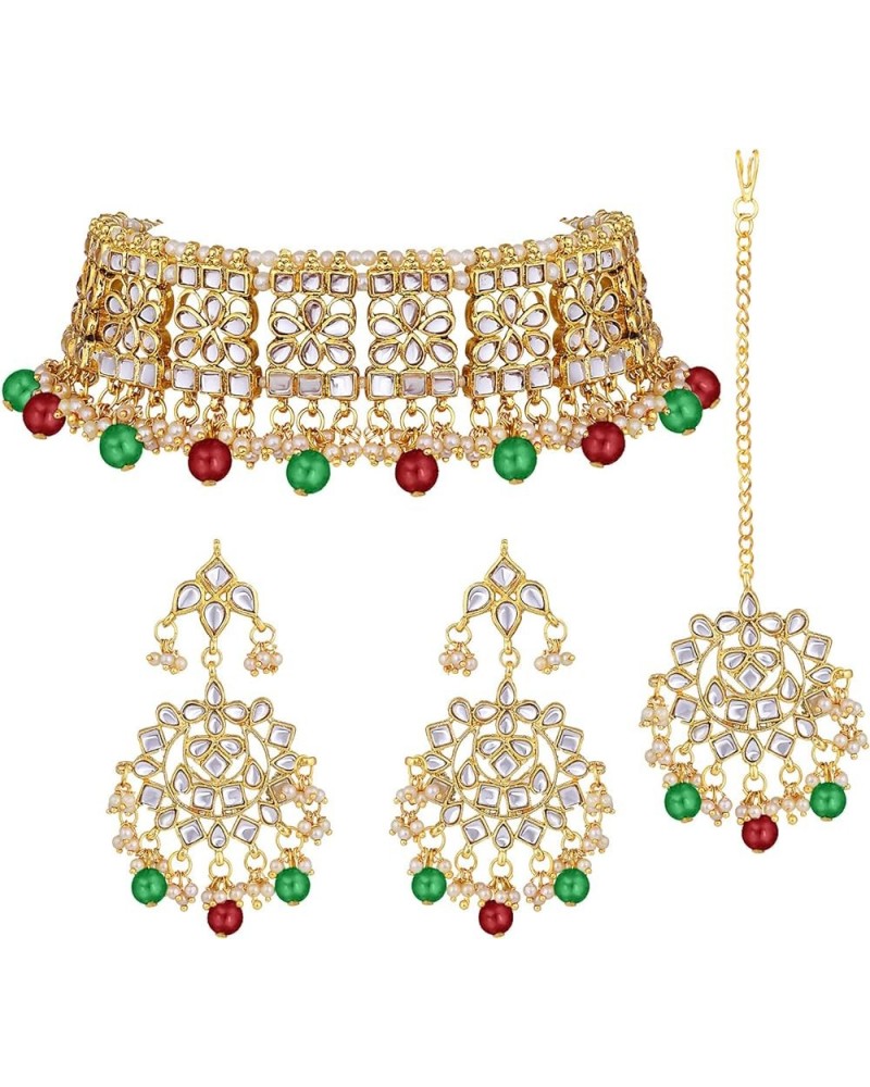 Gold Plated Kundan Jewelry Necklace With Earring Set For Women Maroon Green $18.62 Jewelry Sets