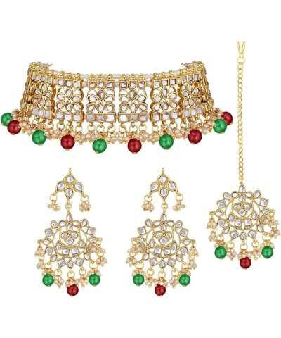 Gold Plated Kundan Jewelry Necklace With Earring Set For Women Maroon Green $18.62 Jewelry Sets