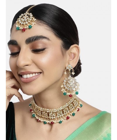 Gold Plated Kundan Jewelry Necklace With Earring Set For Women Maroon Green $18.62 Jewelry Sets