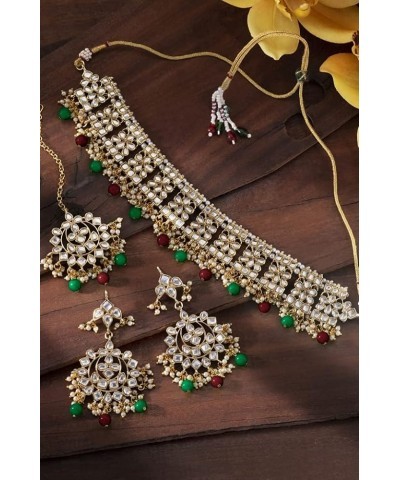 Gold Plated Kundan Jewelry Necklace With Earring Set For Women Maroon Green $18.62 Jewelry Sets