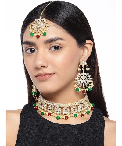 Gold Plated Kundan Jewelry Necklace With Earring Set For Women Maroon Green $18.62 Jewelry Sets