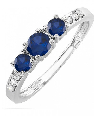 Round Gemstone and White Diamond Ladies Three Stone Engagement Ring | 14K White Gold Blue Sapphire $100.09 Rings