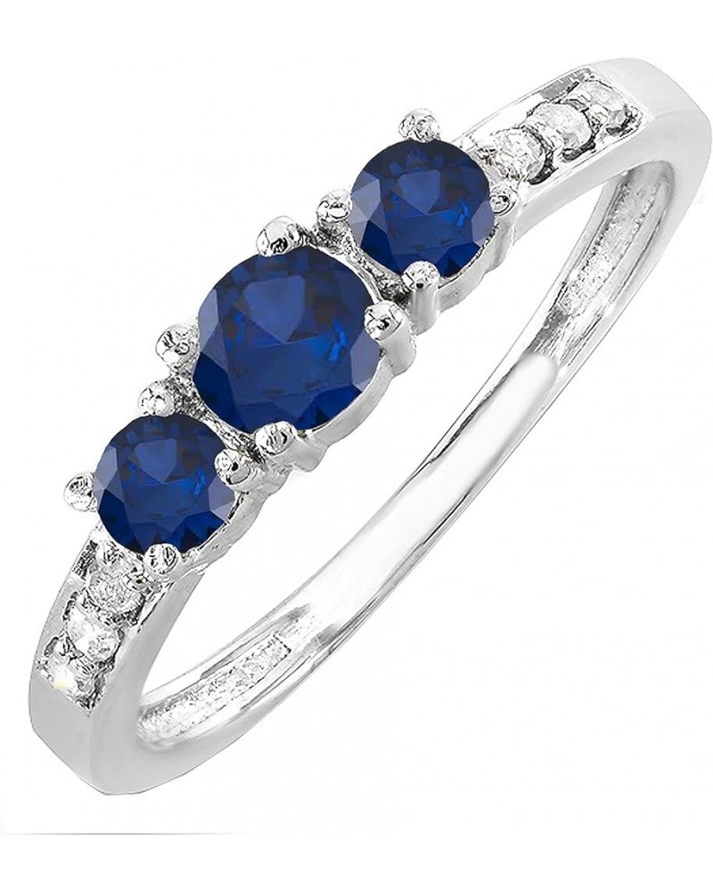 Round Gemstone and White Diamond Ladies Three Stone Engagement Ring | 14K White Gold Blue Sapphire $100.09 Rings