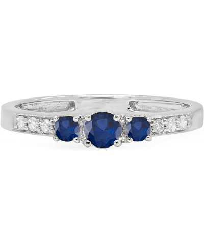 Round Gemstone and White Diamond Ladies Three Stone Engagement Ring | 14K White Gold Blue Sapphire $100.09 Rings