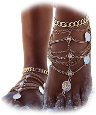 2 Pcs Bohemian Layered Coin Anklet with Toe Ring Chain Tassel Barefoot Sandals Summer Beach Wedding Foot Accessories Boho Toe...