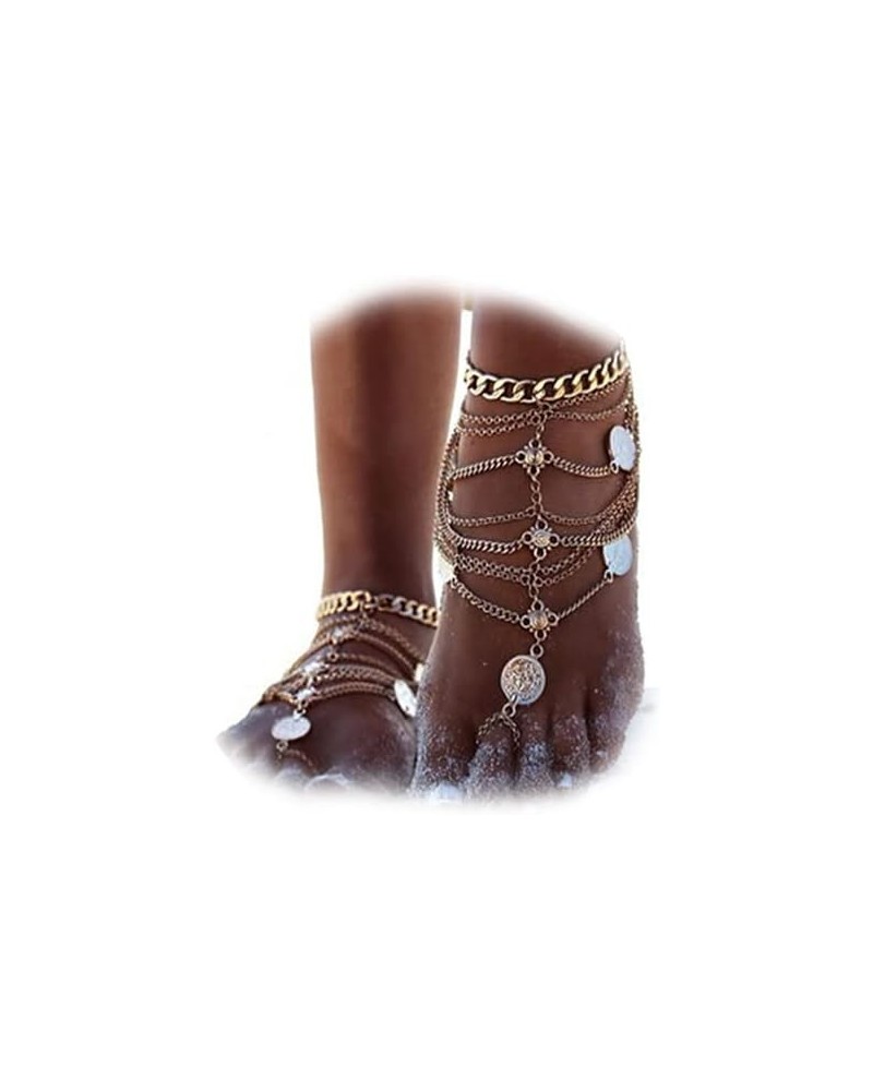 2 Pcs Bohemian Layered Coin Anklet with Toe Ring Chain Tassel Barefoot Sandals Summer Beach Wedding Foot Accessories Boho Toe...