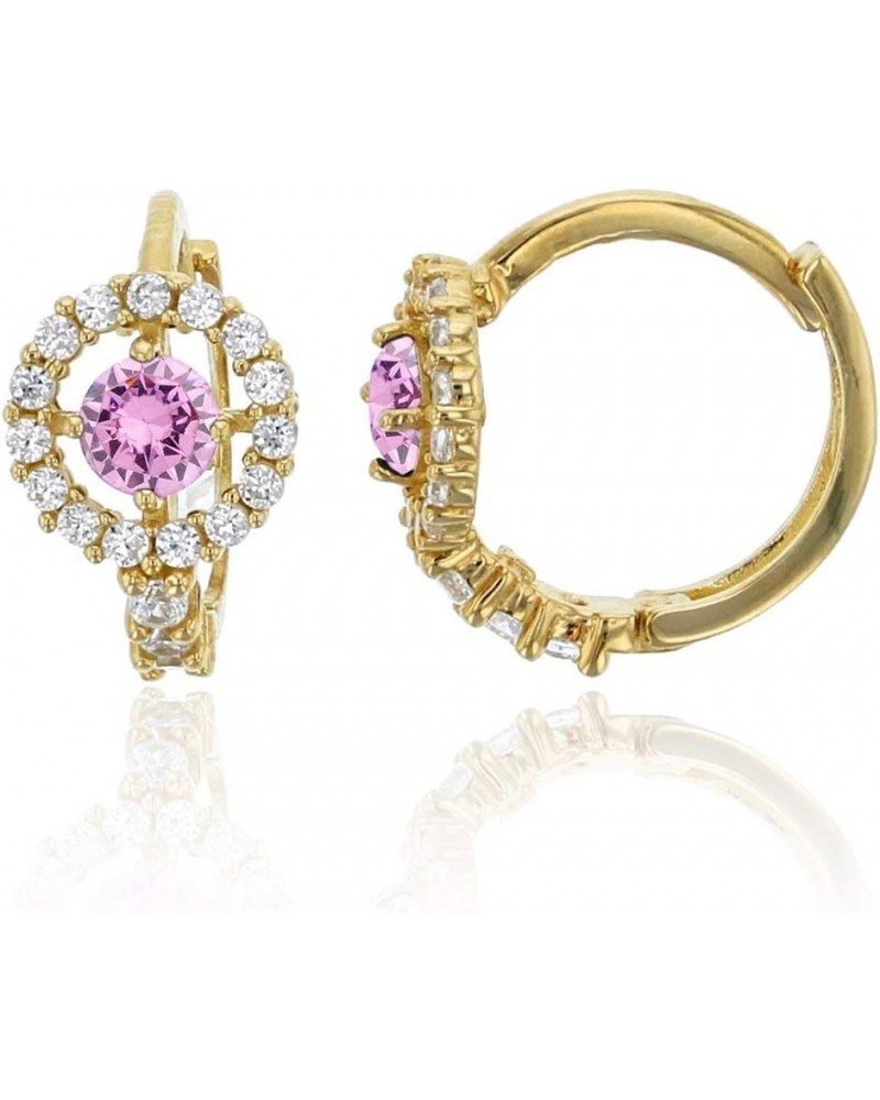 14K Yellow Solid Gold Micropave 6.5mm Round Halo AAA Cubic Zirconia Huggie Earrings | 5 Colors: Emerald, Pink, Red, Sapphire ...