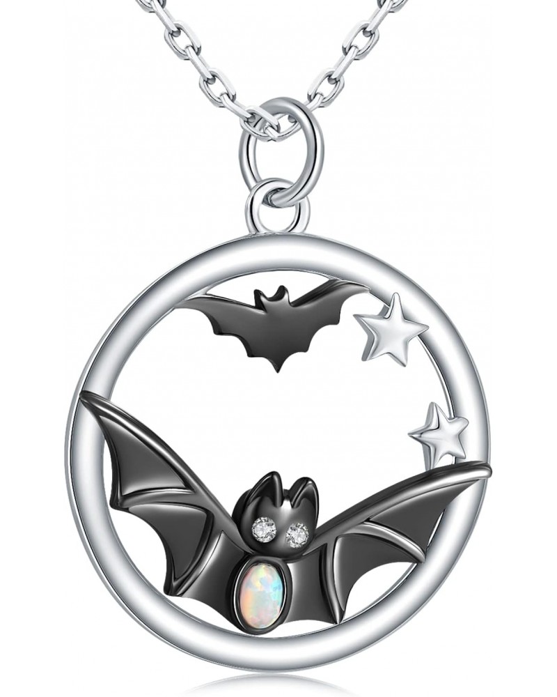 925-Sterling-Silver Bat Necklace for Women- Opal Black Bat Pendant Cute Animal Jewelry Halloween Christmas Gifts For Bat love...