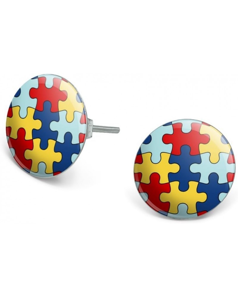 Autism Awareness Diversity Puzzle Pieces Novelty Silver Plated Stud Earrings $9.51 Earrings