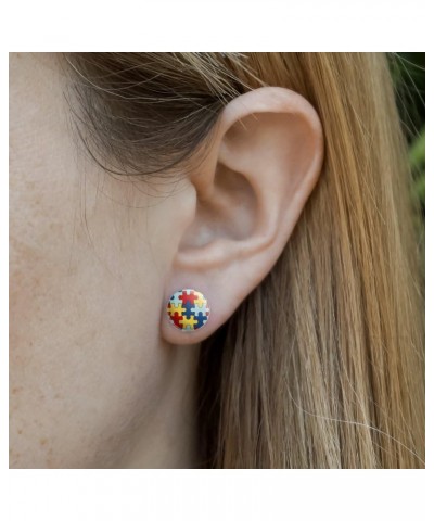 Autism Awareness Diversity Puzzle Pieces Novelty Silver Plated Stud Earrings $9.51 Earrings