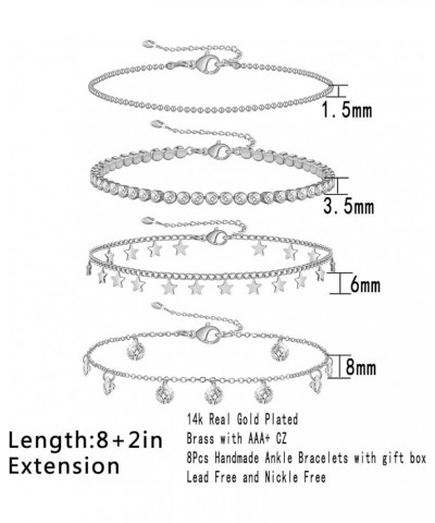 4/8 PCS 18K Gold Plated Multi-style Adjustable Charm Anklet Bracelets with CZ for Women & Teen Girls Gift 3-4pack-silver $8.8...