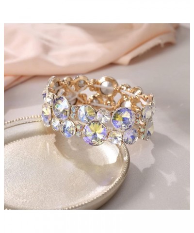 Rhinestone Crystal Flower Bridal Bracelet for Women, Art Deco Costume Teardrop Elastic Stretch Bracelet for Party Round_Iride...