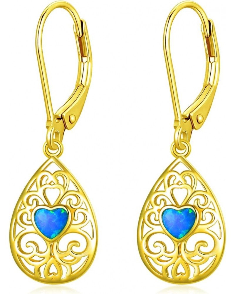 14K Solid Gold Opal Heart Filigree Dangle Earrings for Women Real,Gold Teardrop Leverback Dangle Drop Earrings Jewelry Gifts ...