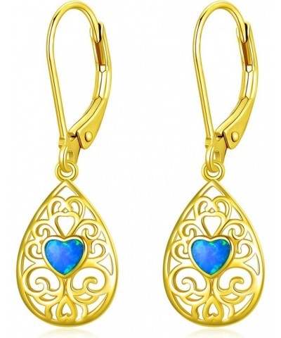 14K Solid Gold Opal Heart Filigree Dangle Earrings for Women Real,Gold Teardrop Leverback Dangle Drop Earrings Jewelry Gifts ...