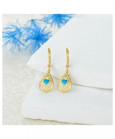 14K Solid Gold Opal Heart Filigree Dangle Earrings for Women Real,Gold Teardrop Leverback Dangle Drop Earrings Jewelry Gifts ...