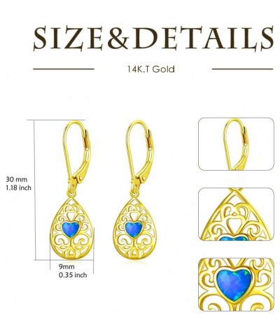 14K Solid Gold Opal Heart Filigree Dangle Earrings for Women Real,Gold Teardrop Leverback Dangle Drop Earrings Jewelry Gifts ...