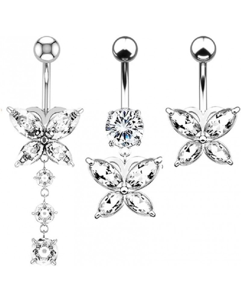 Dangle Belly Button Rings 316L Surgical Steel Belly Rings,14G Butterfly Belly Button Ring Dangling CZ Belly Piercing Jewelry ...