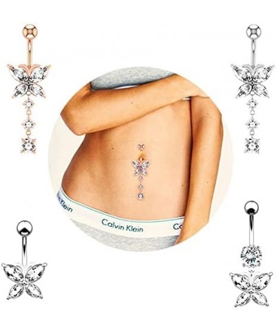 Dangle Belly Button Rings 316L Surgical Steel Belly Rings,14G Butterfly Belly Button Ring Dangling CZ Belly Piercing Jewelry ...