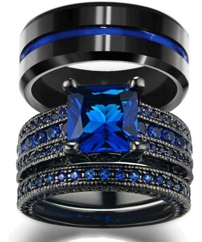 His and Hers Wedding Ring Sets Couples Rings Women 10K Black Gold Filled Blue Cz Wedding Engagement Ring Bridal Sets Men's St...