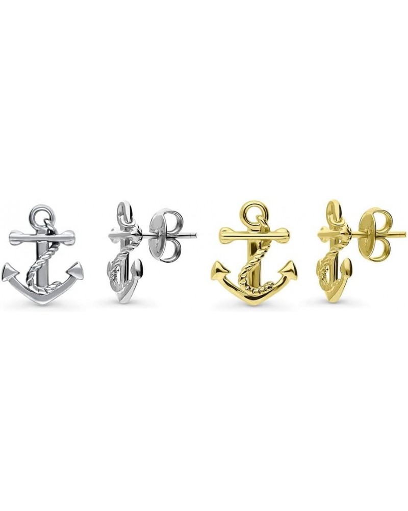 Sterling Silver Anchor Fashion Stud Earrings for Women, Rhodium Plated and Yellow Gold Flashed, 2 Pairs $20.75 Earrings