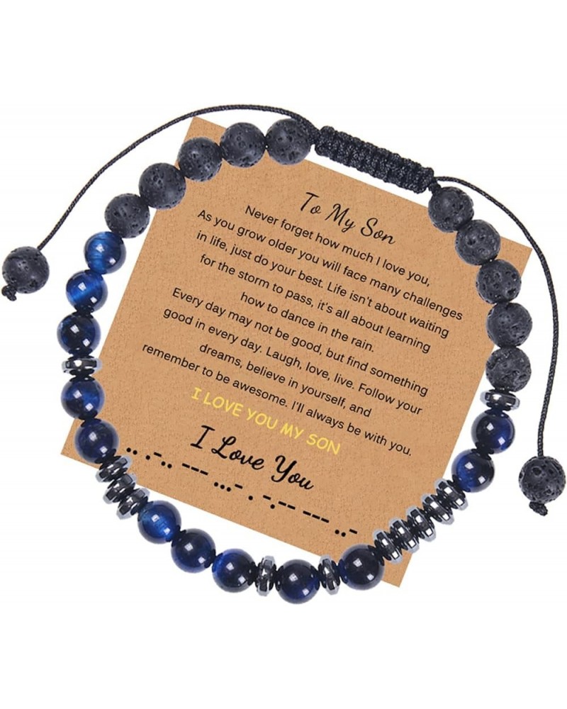 To My Son Grandson/Son/Daughter Hematite Natural Lava Stone Bead Morse Code Bracelet Adjustable Crystal Tiger Eye Braided Rop...