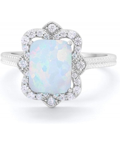 Halo Art Deco Emerald Cut Engagement Bridal Ring Round CZ 925 Sterling Silver Created White Opal $16.79 Rings