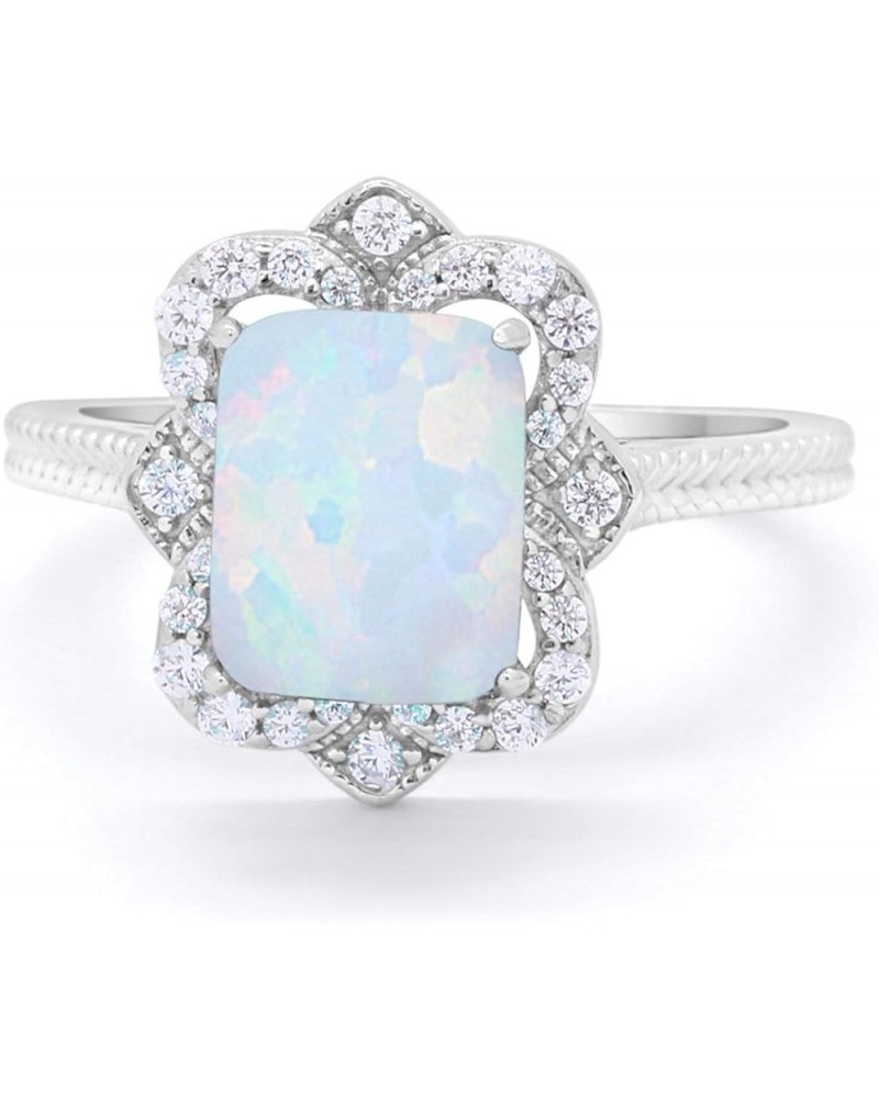 Halo Art Deco Emerald Cut Engagement Bridal Ring Round CZ 925 Sterling Silver Created White Opal $16.79 Rings