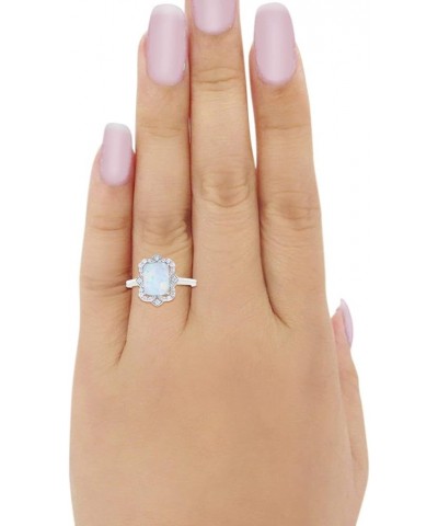 Halo Art Deco Emerald Cut Engagement Bridal Ring Round CZ 925 Sterling Silver Created White Opal $16.79 Rings