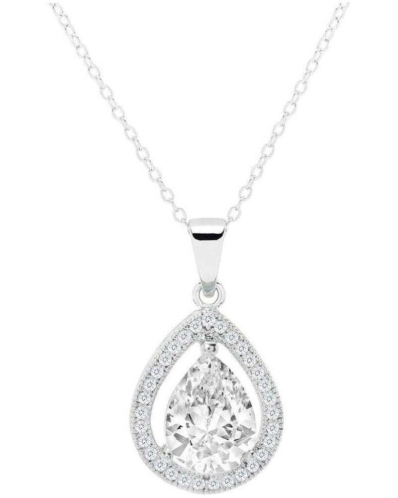 Isabel 18k White Gold Plated Pendant Necklace | Silver Halo CZ Necklace for Women | Teardrop Pendant with Cubic Zirconia Crys...