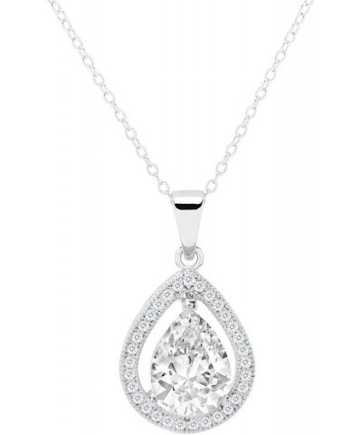 Isabel 18k White Gold Plated Pendant Necklace | Silver Halo CZ Necklace for Women | Teardrop Pendant with Cubic Zirconia Crys...