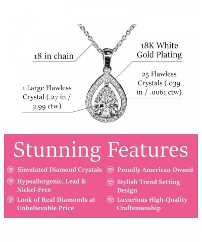 Isabel 18k White Gold Plated Pendant Necklace | Silver Halo CZ Necklace for Women | Teardrop Pendant with Cubic Zirconia Crys...