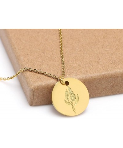 Birth Month Flower Pendant Necklace 18K Gold Plated Dainty Simple Month Birth Floral Disc Pendant Engrave Coin Necklace Minim...