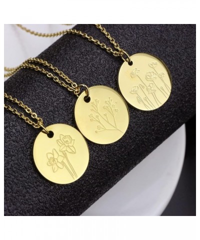 Birth Month Flower Pendant Necklace 18K Gold Plated Dainty Simple Month Birth Floral Disc Pendant Engrave Coin Necklace Minim...