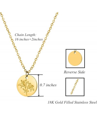 Birth Month Flower Pendant Necklace 18K Gold Plated Dainty Simple Month Birth Floral Disc Pendant Engrave Coin Necklace Minim...