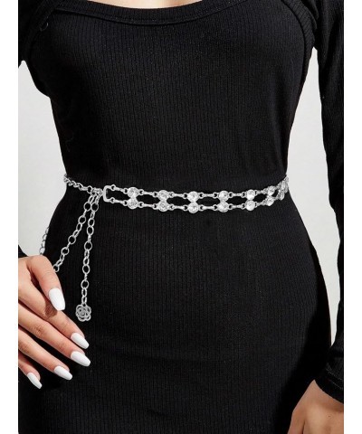 Women's Double Row Crystal Belt Chain - Adjustable Metal Rhinestone Waist Chain with Loose Dresses Silver L: 53.1 in/135 cm $...