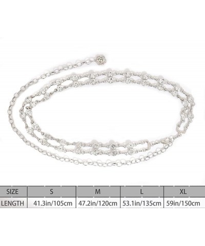 Women's Double Row Crystal Belt Chain - Adjustable Metal Rhinestone Waist Chain with Loose Dresses Silver L: 53.1 in/135 cm $...