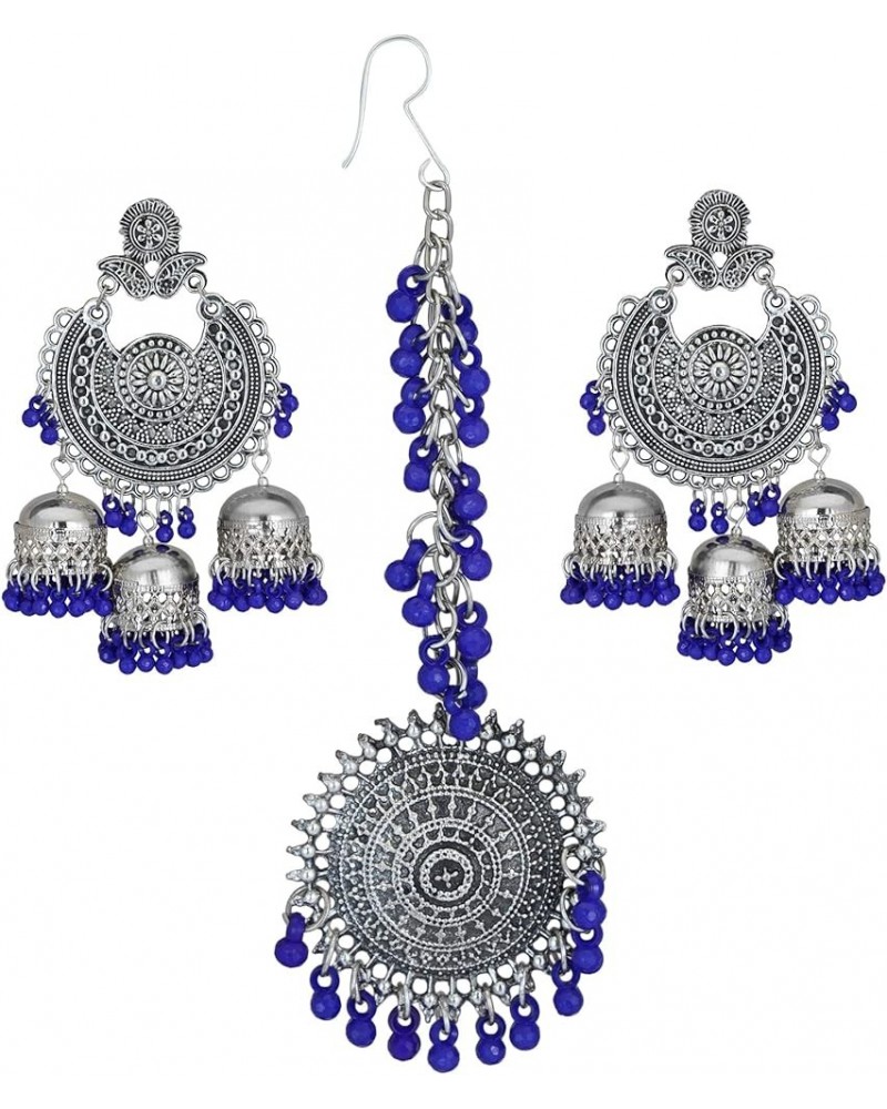 Indian Ethnic Partywear Traditional Oxidized SIlver Beaded Navratri Jhumka Jhumki Earrings with Maang Tikka Combo for Women a...