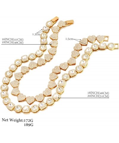 2PCS Clustered Diamond Tennis Chain Miami Cuban Link Chain for Women 15MM Clustered Heart Iced Out Miami Cuban Necklace Hip H...