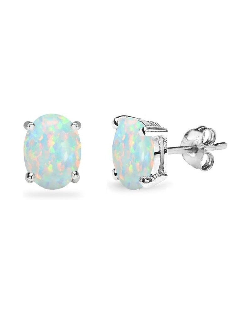 Sterling Silver Synthetic Opal Oval-Cut Solitaire Stud Earrings for Women Teens & Girls 6x4mm - White - Silver $9.50 Earrings