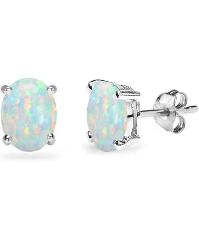 Sterling Silver Synthetic Opal Oval-Cut Solitaire Stud Earrings for Women Teens & Girls 6x4mm - White - Silver $9.50 Earrings