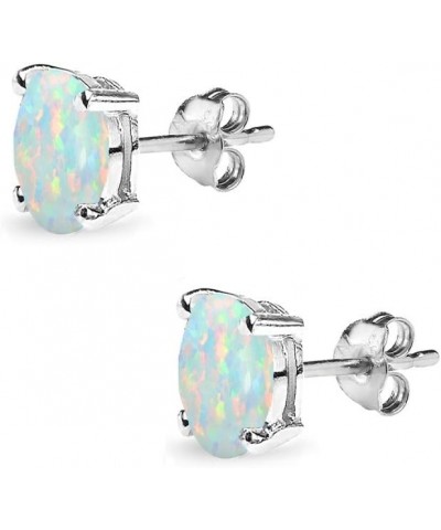 Sterling Silver Synthetic Opal Oval-Cut Solitaire Stud Earrings for Women Teens & Girls 6x4mm - White - Silver $9.50 Earrings