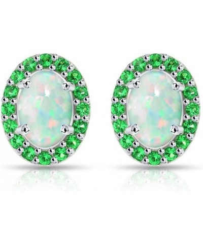 Sterling Silver Synthetic White Opal and Simulated Gemstone Colors Oval Halo Stud Earrings Simulated Emerald $15.84 Earrings