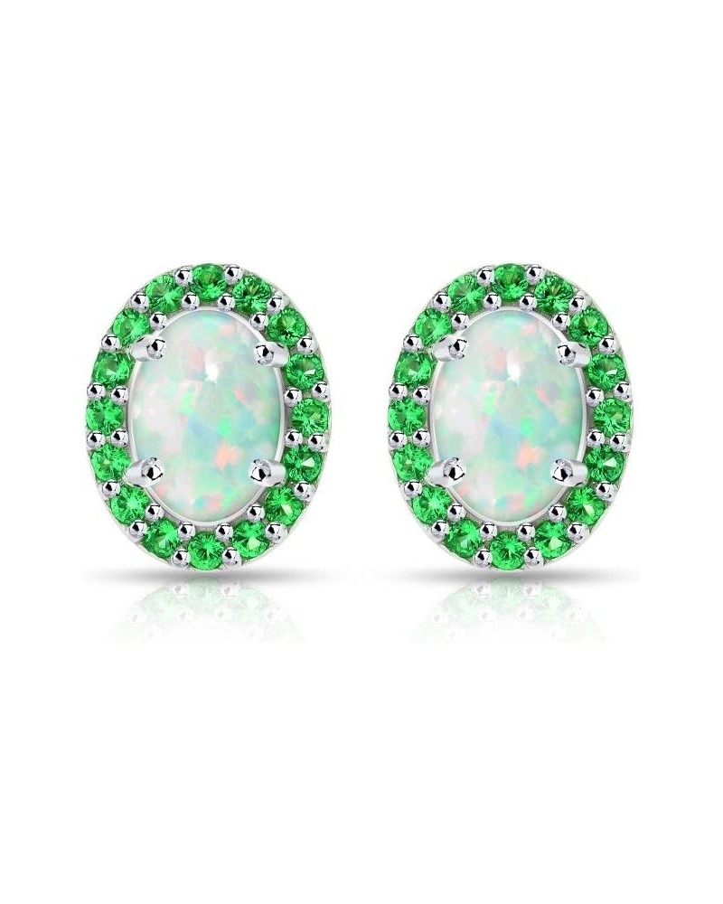 Sterling Silver Synthetic White Opal and Simulated Gemstone Colors Oval Halo Stud Earrings Simulated Emerald $15.84 Earrings