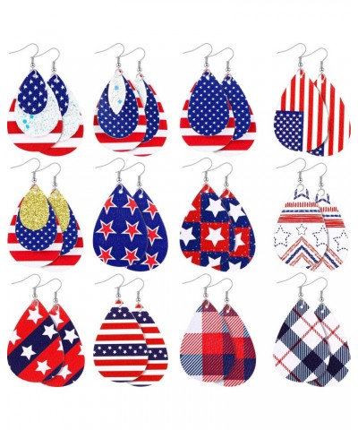 12 Pairs Veteran's Day Gifts American Flag Faux Leather Earrings Star Print Teardrop Dangle Earring Independence Day Drop Ear...