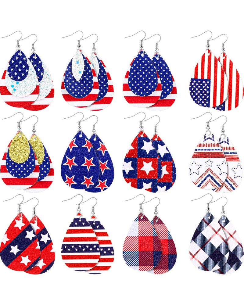 12 Pairs Veteran's Day Gifts American Flag Faux Leather Earrings Star Print Teardrop Dangle Earring Independence Day Drop Ear...